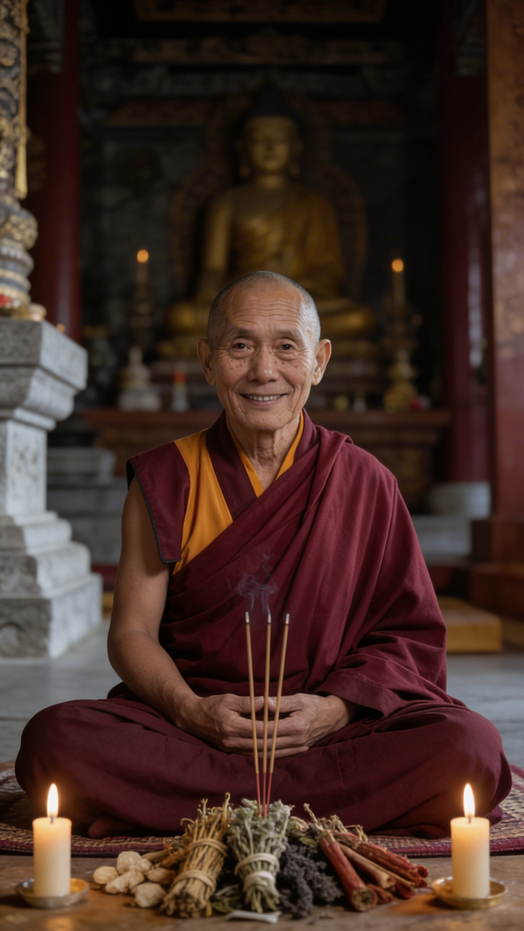Master Kalsang, Tibetan teacher of the Shen Ling Mountain lineage, seated in meditation with incense and herbs